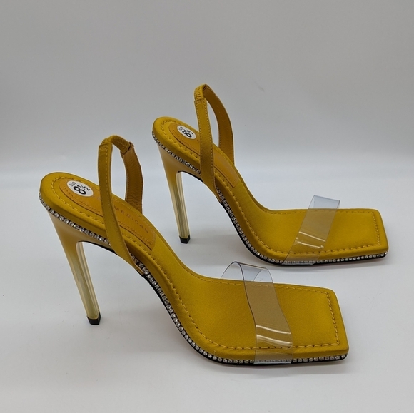 New! GOOD AMERICAN Crystal Crush Lucite Sandal Heels Gold Clear size 8.5 - Picture 3 of 10